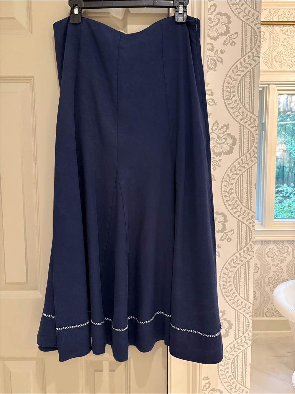 Zara Navy A-Line Midi Skirt with Hem Stitch Detail